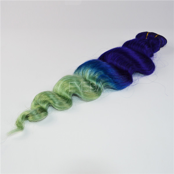 Blue green two tone human hair clip on LJ179